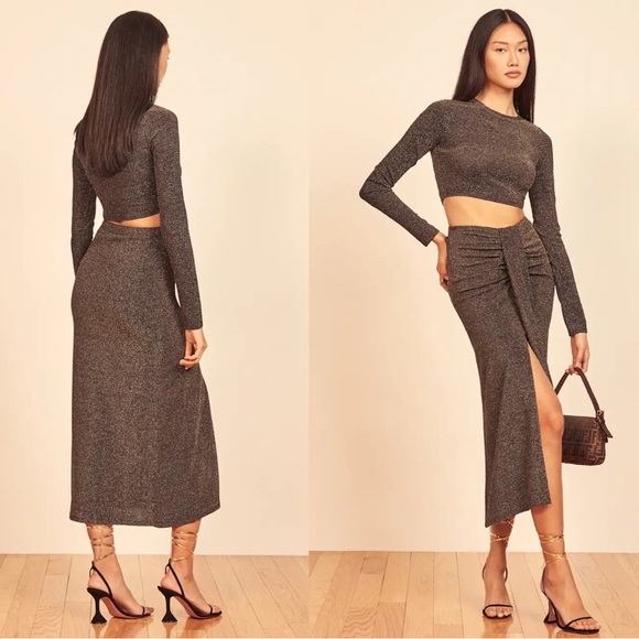 Reformation Dresses & Skirts - Reformation Zion Long Sleeve Midi Skirt Metallic Two Piece Set Size Medium